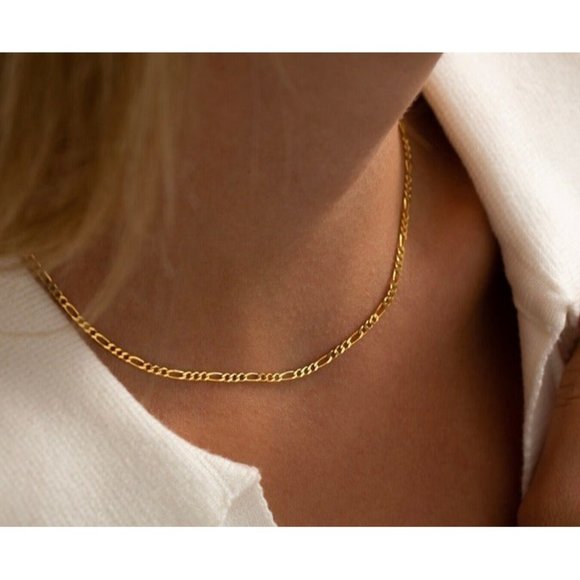 Figaro Cuban Gold Chain WATERPROOF Necklace non-tarnish jewelry gift for her - Picture 2 of 12